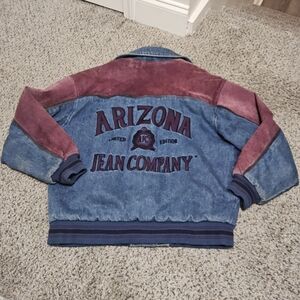 Arizona Jean Company Vintage Denim and Burgundy Letterman Bomber Jacket M